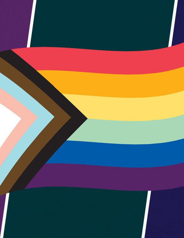 Progress Pride Flag on a purple, dark green and navy background