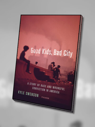 The cover of the book 'Good Kids, Bad City' in color, with a background of a desaturated and zoomed-in cover of the book