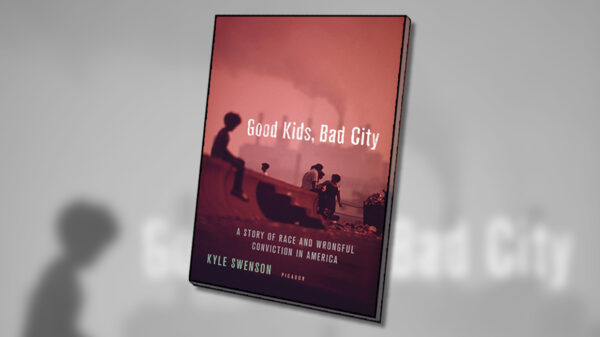 The cover of the book 'Good Kids, Bad City' in color, with a background of a desaturated and zoomed-in cover of the book