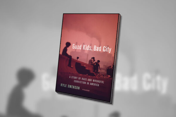 The cover of the book 'Good Kids, Bad City' in color, with a background of a desaturated and zoomed-in cover of the book