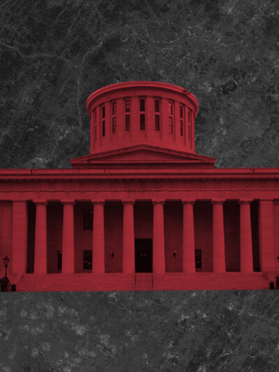 Ohio Statehouse with a red color overlay on a grey textured background
