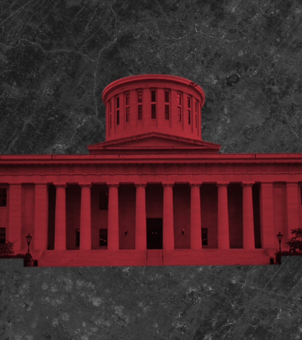 Ohio Statehouse with a red color overlay on a grey textured background