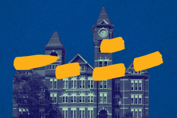 Old brick school building with a navy and mint color overlay on a textured blue background with orange highliter marker marks scattered on top