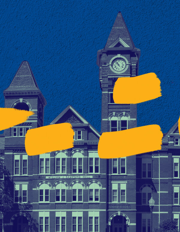 Old brick school building with a navy and mint color overlay on a textured blue background with orange highliter marker marks scattered on top