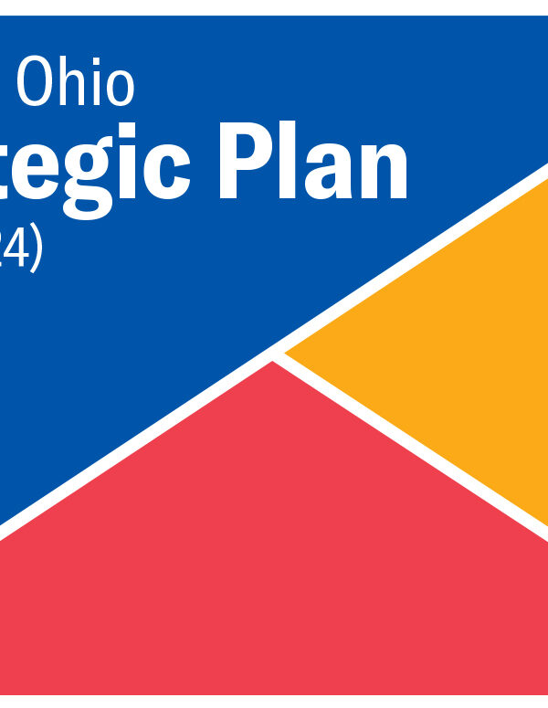 Blue triangle, red triangle, and orange triangle - all with a white border - and white text that reads ACLU of Ohio Strategic Plan (2021-2024)