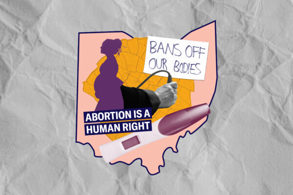 A collage of a silhouette of a pregnant person, a hand holding an ultrasound wand, a protest sign that reads bans off our bodies, and a pregnancy test on a pink state of ohio on grey paper texture