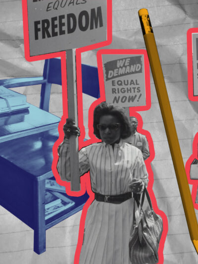 Black and white photo of civil rights era protestors, a blue school desk and an orange pencil on a crumpled piece of notebook paper