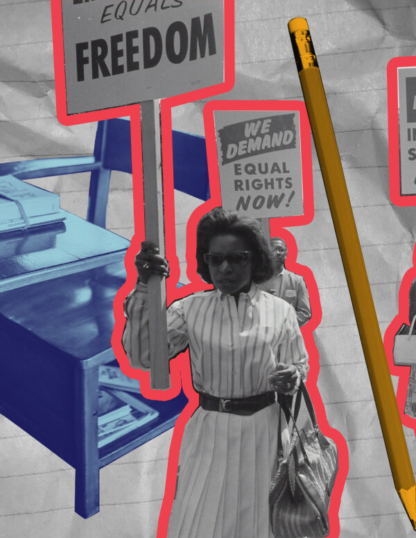 Black and white photo of civil rights era protestors, a blue school desk and an orange pencil on a crumpled piece of notebook paper
