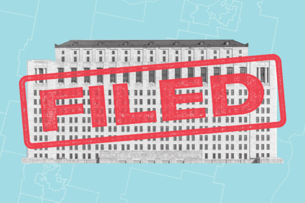 Ohio Supreme Court building with a red rubber stamp that reads 'filed' over it on an azure background with subtle white outlines of a map
