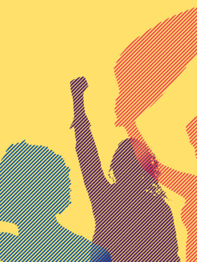 Silhouettes of three protestors with blue, purple, and red color overlay on a yellow background