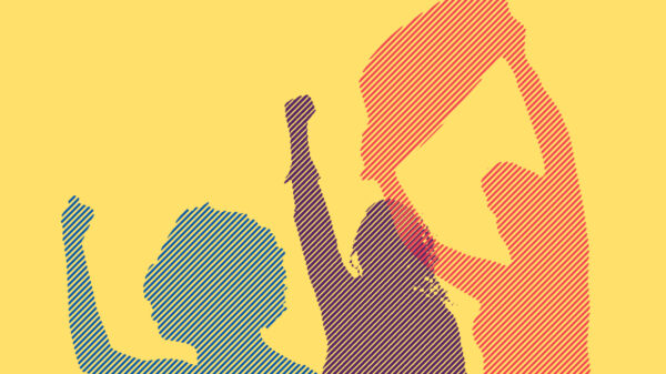 Silhouettes of three protestors with blue, purple, and red color overlay on a yellow background