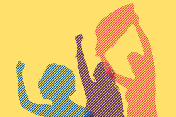 Silhouettes of three protestors with blue, purple, and red color overlay on a yellow background