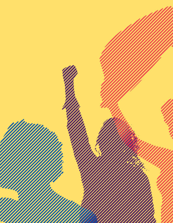 Silhouettes of three protestors with blue, purple, and red color overlay on a yellow background