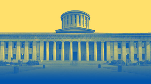 Ohio Statehouse with a blue and yellow color overlay