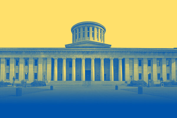 Ohio Statehouse with a blue and yellow color overlay
