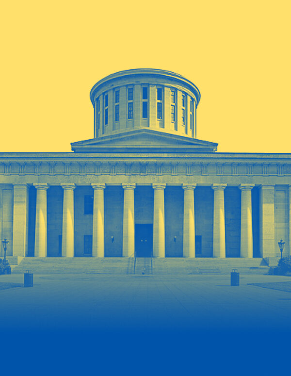 Ohio Statehouse with a blue and yellow color overlay