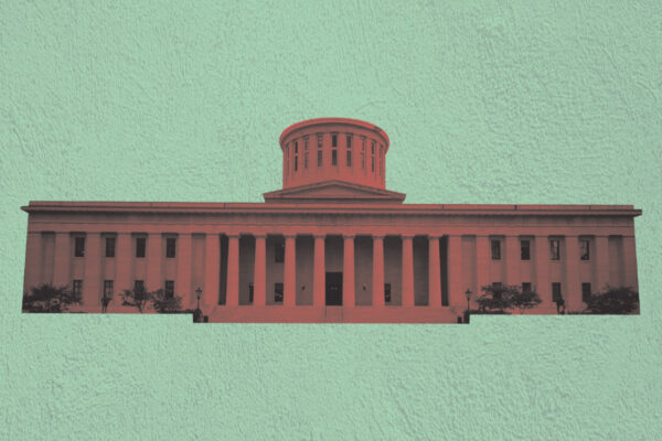 Ohio statehouse with a grey and red color overlay on a textured green background