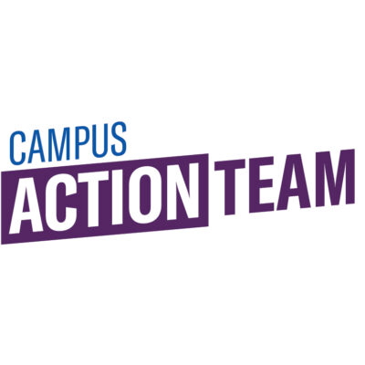 Campus Action Team logo in blue purple and white font colors on a white background