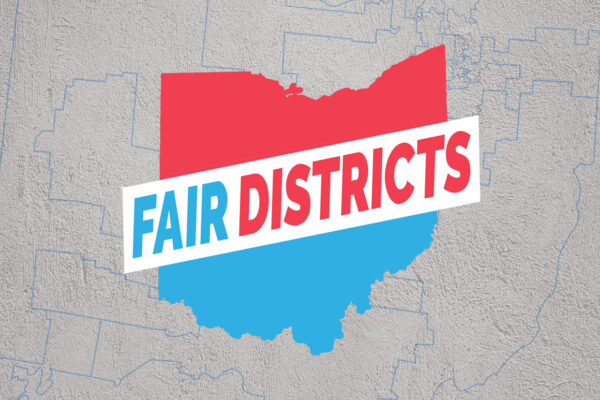 Fair Districts Ohio logo on a grey textured background with a map of Ohio with blue outlines of gerrmandered congressional districts