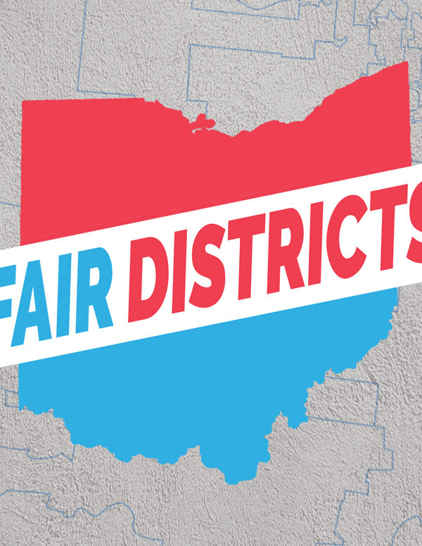 Fair Districts Ohio logo on a grey textured background with a map of Ohio with blue outlines of gerrmandered congressional districts