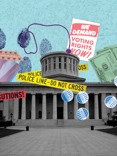 Collage of a bullhorn, birth control pills, fingerprints, voting rights sign, I voted stickers, money, a stethoscope, no justice no peace sign, stop executions sign, and police tape, surrounding the Ohio Statehouse
