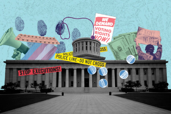 Collage of a bullhorn, birth control pills, fingerprints, voting rights sign, I voted stickers, money, a stethoscope, no justice no peace sign, stop executions sign, and police tape, surrounding the Ohio Statehouse