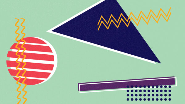 Collage of colorful shapes including a triangle, circle, rectangle dotts, squiggy lines, and zig-zags on a mint color background