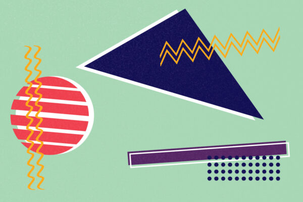 Collage of colorful shapes including a triangle, circle, rectangle dotts, squiggy lines, and zig-zags on a mint color background