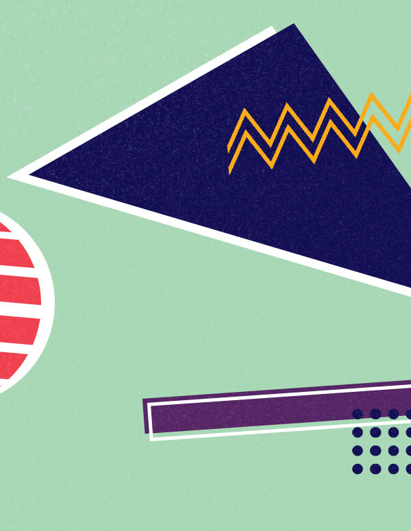 Collage of colorful shapes including a triangle, circle, rectangle dotts, squiggy lines, and zig-zags on a mint color background