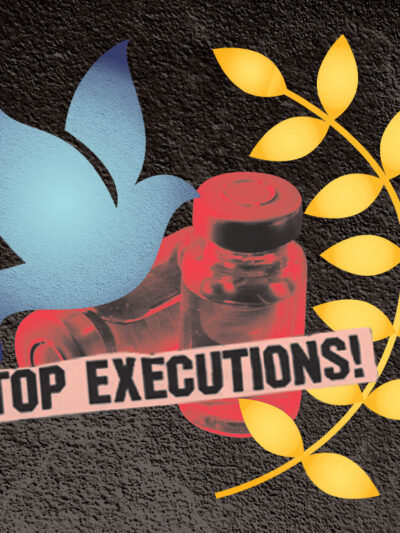 Collage of a blue dove, yellow leaves, red viles and a pink banner that reads 'stop executions' on a dark gray cement textured background
