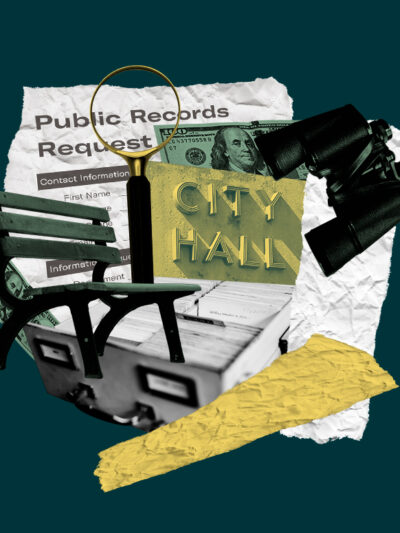 Collage of a park bench, city hall sign, binoculars, filing cabinet drawer, magnifying glass and money on a dark green background