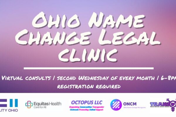 Purple background with white letters spelling the event title; Logos from Equality Ohio, Equitas Health, Octopus LLC, ONCM, and TransOhio