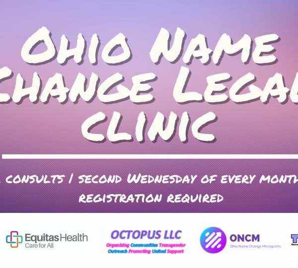 Purple background with white letters spelling the event title; Logos from Equality Ohio, Equitas Health, Octopus LLC, ONCM, and TransOhio