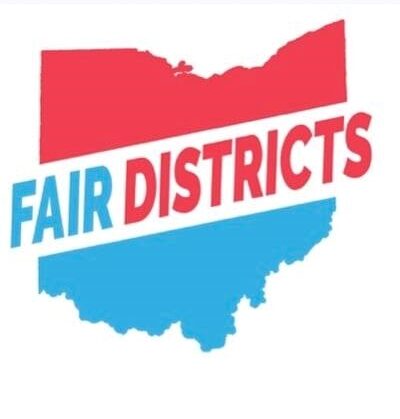 Blue and red image of Ohio with text saying Fair Districts