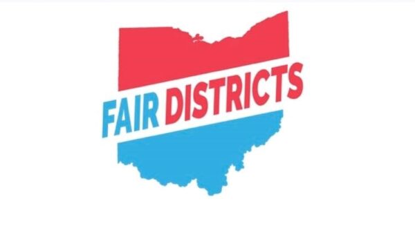 Blue and red image of Ohio with text saying Fair Districts