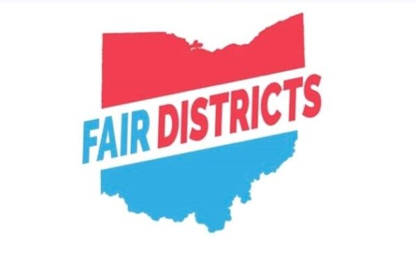 Blue and red image of Ohio with text saying Fair Districts