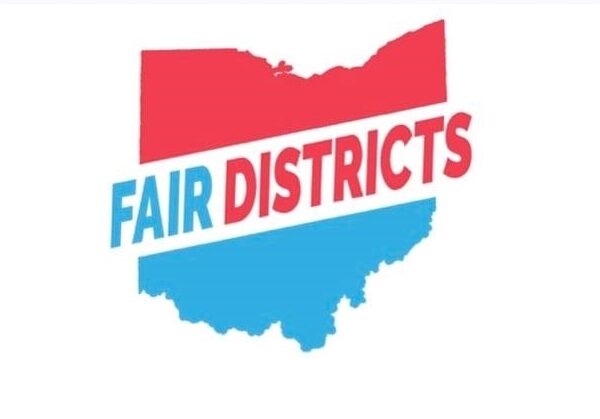 Blue and red image of Ohio with text saying Fair Districts