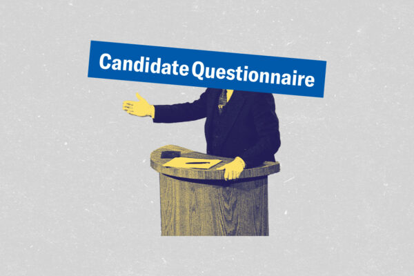 A politician at a podium with the words “Candidate Questionnaire” in white letters in a blue rectangle covering the politician’s head