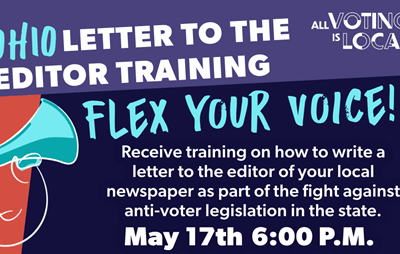 Purple, navy, and red background with an image of a light blue bullhorn and text reading Ohio Letter to the Editor Training Flex Your Voice