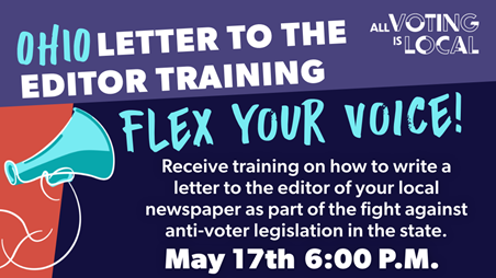 Purple, navy, and red background with an image of a light blue bullhorn and text reading Ohio Letter to the Editor Training Flex Your Voice