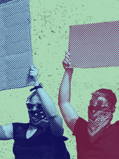 Two protestors with blank signs with navy and maroon color overlay on a splattered texture green background