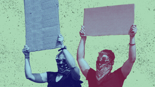 Two protestors with blank signs with navy and maroon color overlay on a splattered texture green background