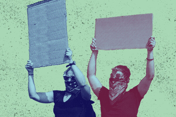 Two protestors with blank signs with navy and maroon color overlay on a splattered texture green background