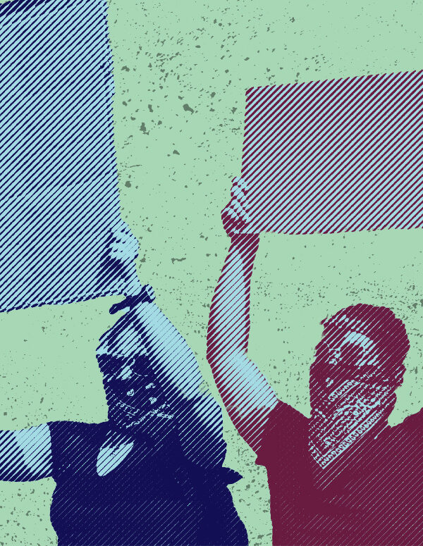 Two protestors with blank signs with navy and maroon color overlay on a splattered texture green background