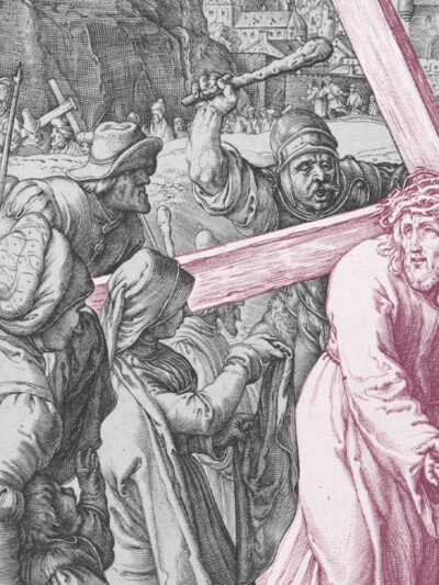 Jesus Christ carrying the cross with a crowd of people jeering at him.