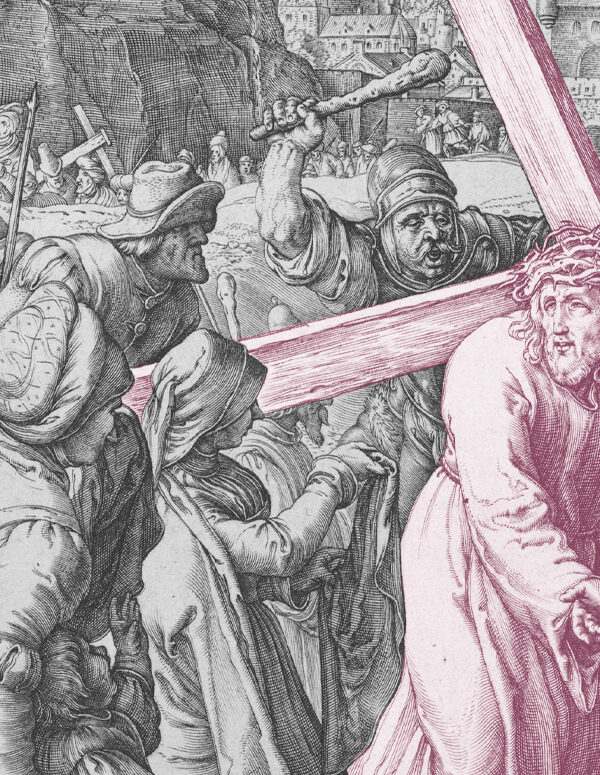 Jesus Christ carrying the cross with a crowd of people jeering at him.