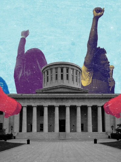 Collage of several activists with their fists in the air, with various color overlays, with a black and white picture of the Ohio Statehouse on an azure background