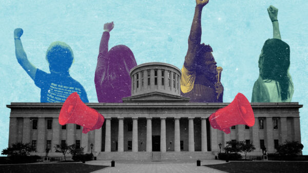 Collage of several activists with their fists in the air, with various color overlays, with a black and white picture of the Ohio Statehouse on an azure background