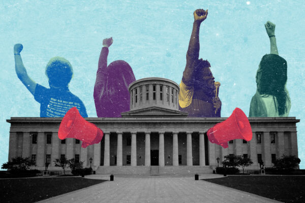 Collage of several activists with their fists in the air, with various color overlays, with a black and white picture of the Ohio Statehouse on an azure background