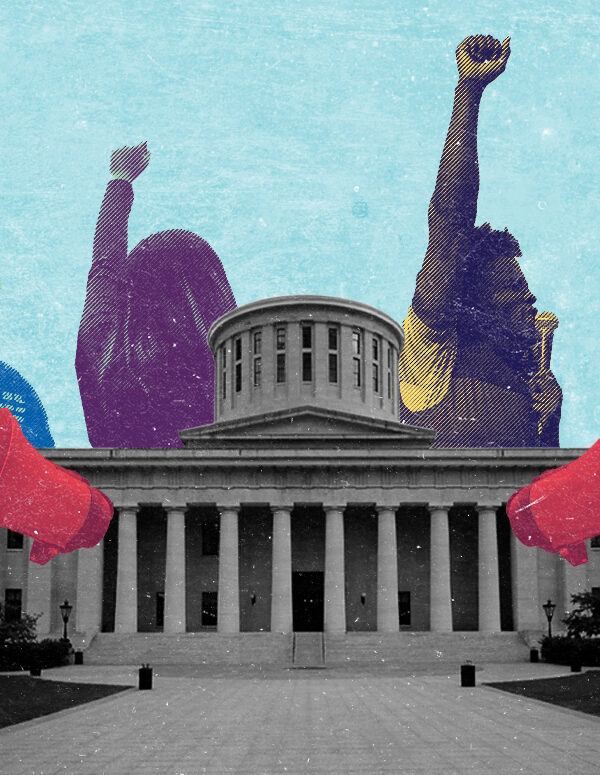 Collage of several activists with their fists in the air, with various color overlays, with a black and white picture of the Ohio Statehouse on an azure background
